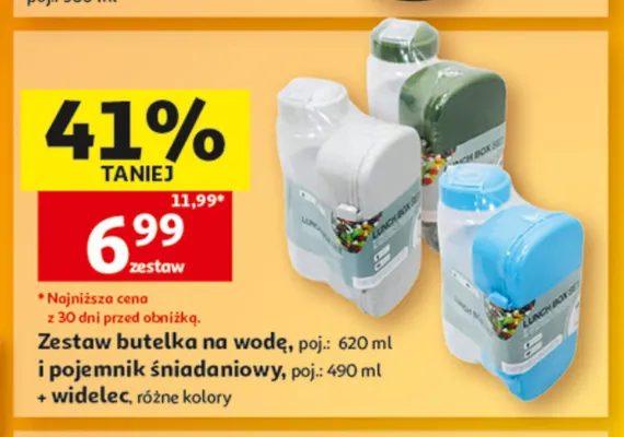 Zestaw butelka na wodę 620 ml + pojemnik śniadaniowy 490 ml + widelec promocja w Auchan