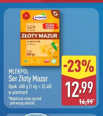Ser Złoty Mazur w plastrach Mlekpol promocja w Aldi