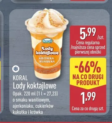 Lody koktajlowe o smaku cukierków kukułka i krówka Koral promocja w Aldi