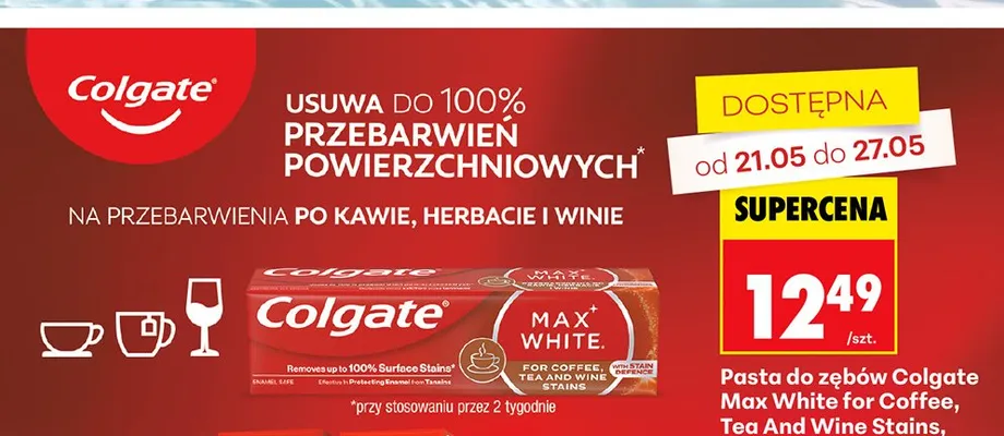 Pasta do zębów Colgate Max White For Coffee, Tea And Wine Stains promocja w Biedronka