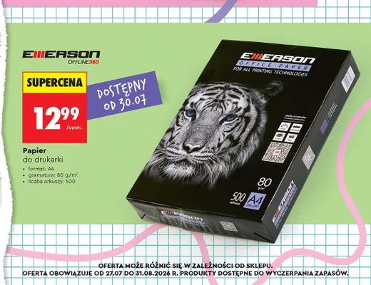 Papier do drukarki Emerson A4 80 g/m² promocja w Biedronka