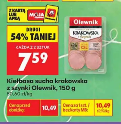 Kiełbasa sucha krakowska z szynki Olewnik promocja w Biedronka