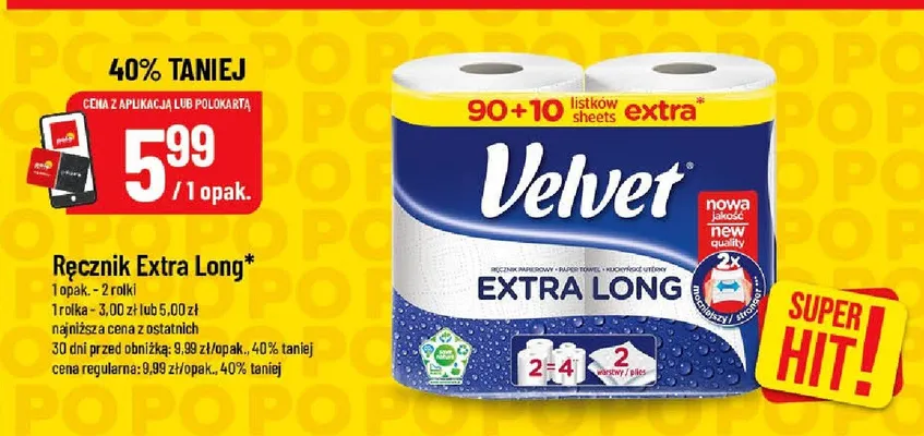 Ręcznik papierowy Velvet Extra Long promocja w POLOmarket