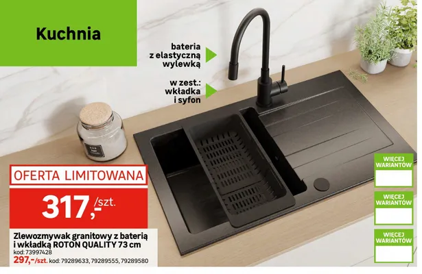 Zlewozmywak granitowy z baterią i wkładką ROTON QUALITY 73 cm promocja w Leroy Merlin