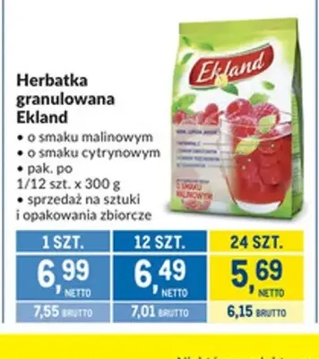 Herbatka granulowana o smaku malinowym Ekland promocja w Makro