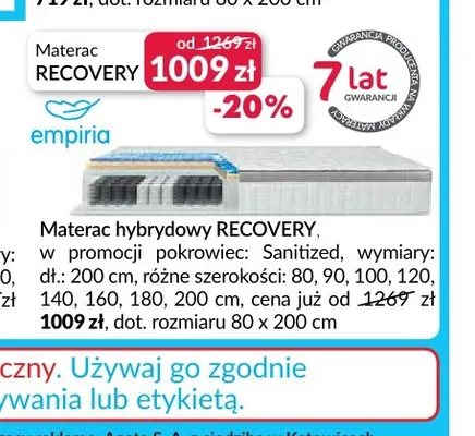 Materac hybrydowy Recovery 80x200 cm Empiria promocja w Salony Agata