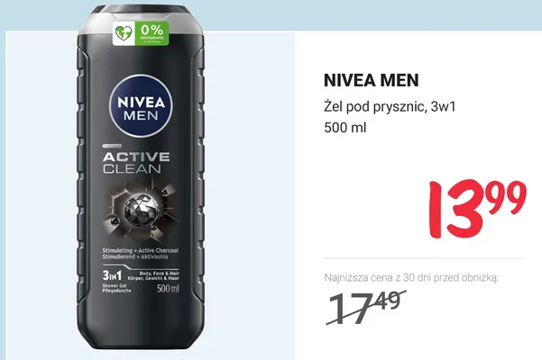 Żel pod prysznic Active Clean, 3w1, 500 ml promocja w Rossmann