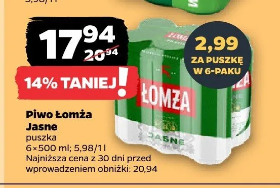 Piwo Łomża Jasne 6-pak 500 ml promocja w Netto