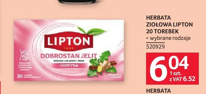 Herbata ziołowa Lipton Dobrostan Jelit promocja w Selgros