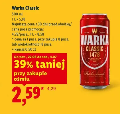 Piwo Warka Classic promocja w Lidl