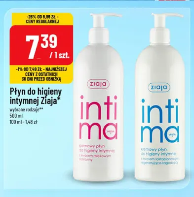 Płyn do higieny intymnej Ziaja Intima z kwasem laktobionowym promocja w POLOmarket