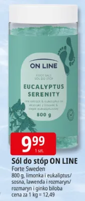 Sól do stóp ON LINE Eucalyptus Serenity limonka i eukaliptus/sosna lawenda i rozmaryn/rozmaryn i ginko biloba promocja w Leclerc