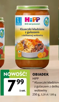 Obiadek HiPP kluseczki kładzione z gulaszem z delikatnej wołowiny promocja w Intermarche
