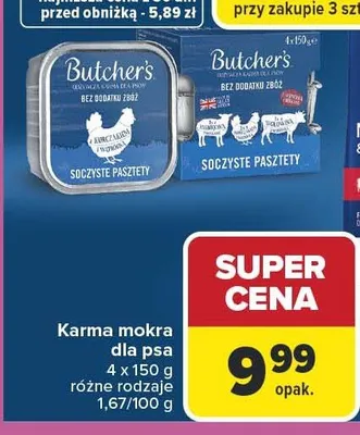 Karma mokra dla psa Butcher's soczyste pasztety różne rodzaje 400 g promocja w Carrefour