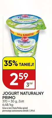 Jogurt naturalny Primo Zott promocja w Chata Polska