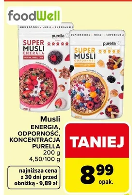 Musli FoodWell różne rodzaje odporność, koncentracja Purella promocja w Carrefour