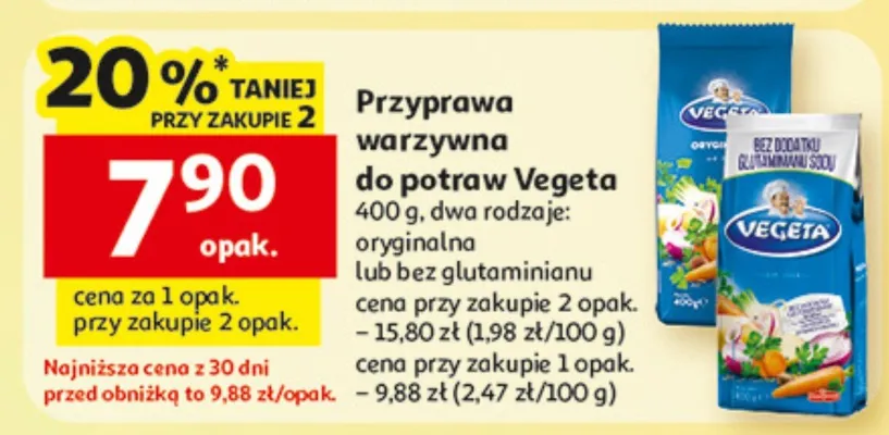 Przyprawa warzywna do potraw, dwa rodzaje: oryginalna lub bez glutaminianu promocja w Auchan
