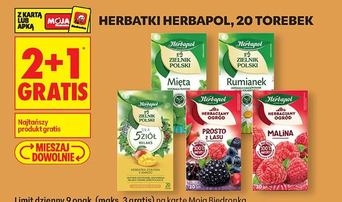 Herbatk Herbapol, 20 torebek 2+1 GRATIS promocja w Biedronka