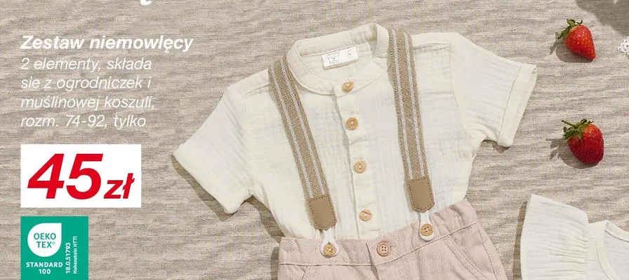 Zestaw niemowlęcy 2 elementy, składa się z ogrodniczek i muślinowej koszuli promocja w KiK