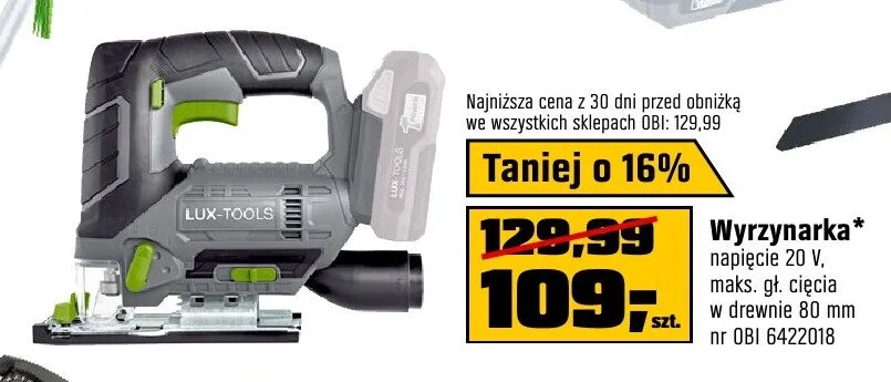 Wyrzynarka LUX-TOOLS napięcie 20V maks. gł. cięcia w drewnie 80mm promocja w OBI