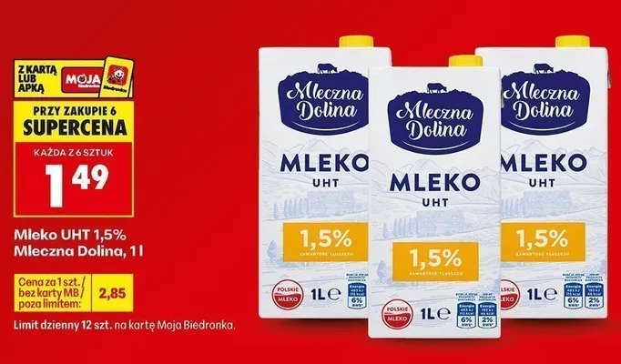 Mleko UHT 1,5% Mleczna Dolina promocja w Biedronka