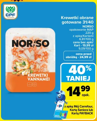 Krewetki obrane gotowane 31/40 Norso promocja w Carrefour