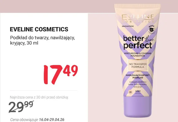 Podkład do twarzy nawilżający kryjący Eveline Cosmetics Better Than Perfect promocja w Rossmann