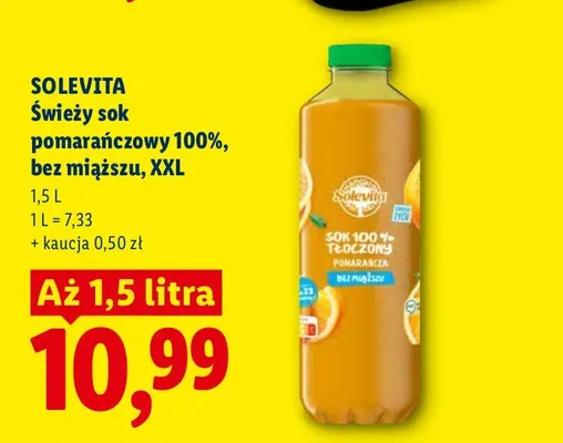 Sok pomarańczowy Solevita 100% bez miąższu XXL promocja w Lidl