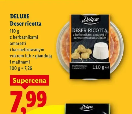 Deser ricotta z herbatnikami amaretti i karmelizowanym cukrem lub z giandują i malinami promocja w Lidl