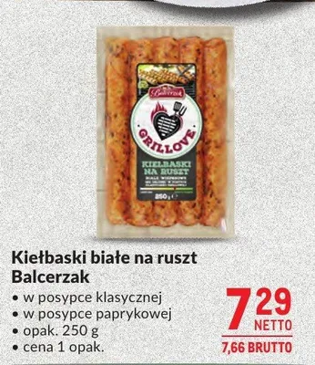 Kiełbaski białe na ruszt Balcerzak w posypce klasycznej w posypce paprykowej promocja w Makro