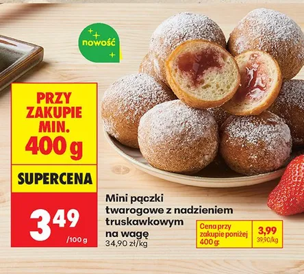 Mini pączki twarogowe z nadzieniem truskawkowym na wagę promocja w Biedronka