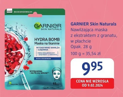 Maska w płachcie nawilżająca Garnier Skin Naturals Hydra Bomb z ekstraktem z granatu promocja w Drogerie DM