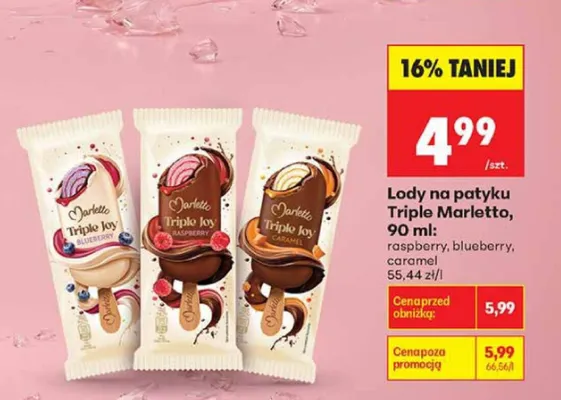 Lody na patyku Marletto Triple Joy raspberry promocja w Biedronka
