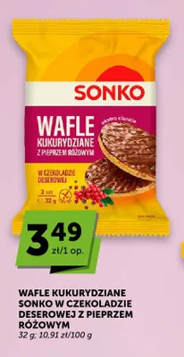 Wafle kukurydziane Sonko w czekoladzie deserowej z pieprzem różowym promocja w Groszek