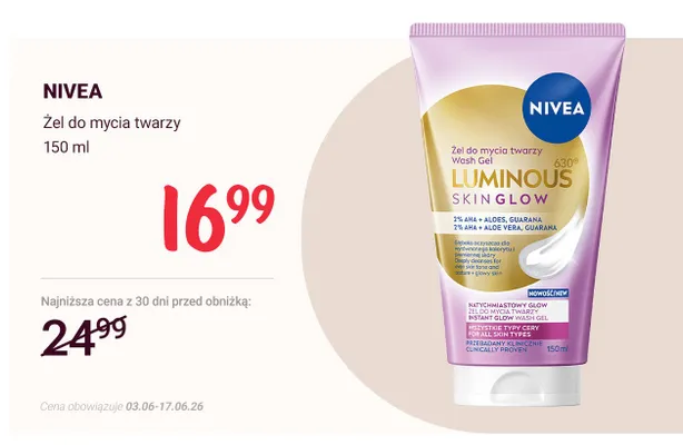 Żel do mycia twarzy Nivea Luminous Skin Glow promocja w Rossmann