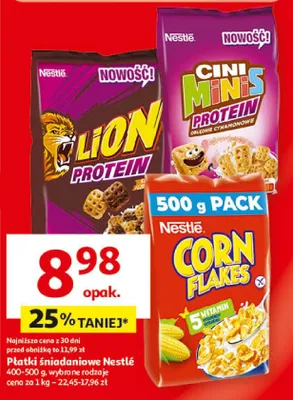 Płatki śniadaniowe Lion Protein, Cini Minis Protein, Corn Flakes promocja w Auchan