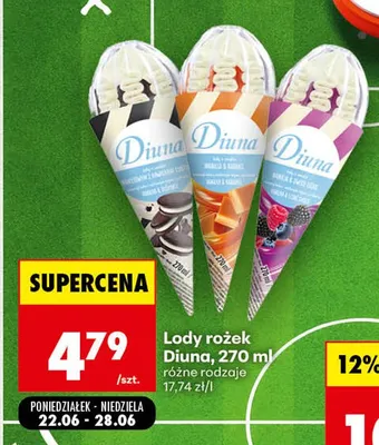 Lody rożek Diuna wanilia i karmel promocja w Biedronka