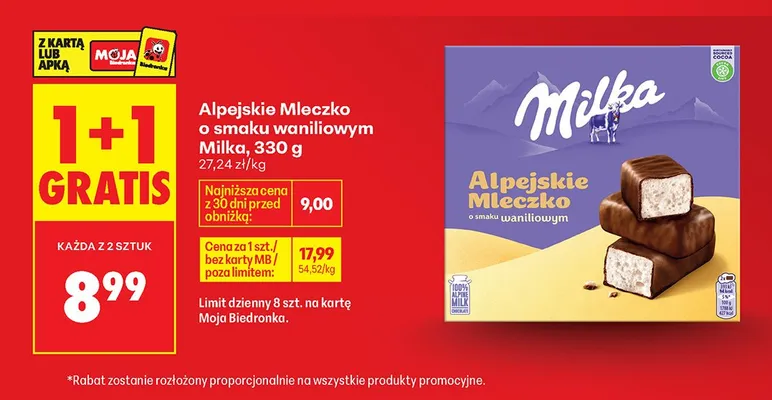 Praliny Alpejskie Mleczko o smaku waniliowym Milka promocja w Biedronka
