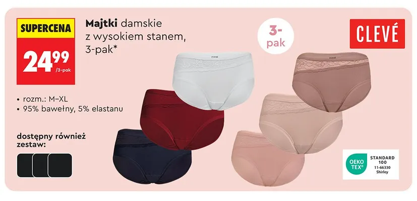 Majtki damskie z wysokim stanem CLEVÉ 3-pak promocja w Biedronka