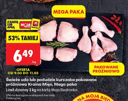 Świeże udo lub podudzie kurczaka pakowane próżniowo Kraina Mięs, Mega paka promocja w Biedronka