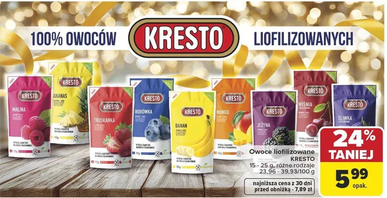 Owoce liofilizowane malina, ananas, truskawka, borówka, banan, mango, jeżyna, wiśnia, śliwka promocja w Carrefour Market