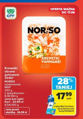 Krewetki obrane gotowane 31/40 Norso promocja w Carrefour