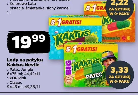 Lody na patyku Kaktus Pałeczka Jungle, Banana Split, POP Pink, Classic promocja w Netto
