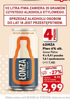 Piwo Łomża Jasne Pełne 4-pak 0,4 l promocja w Kaufland