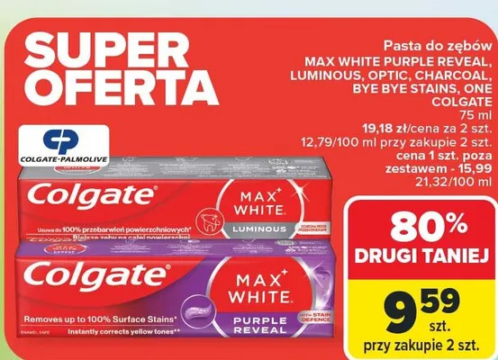 Pasta do zębów Max White Purple Reveal, Luminous, Optic, Charcoal, Bye Bye Stains, One promocja w Carrefour Market