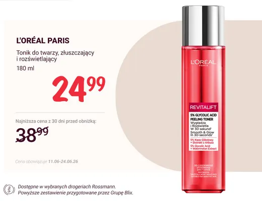 Tonik do twarzy złuszczający i rozświetlający L'Oréal Paris promocja w Rossmann