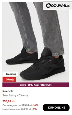 Sneakersy czarne Reebok promocja w eobuwie.pl