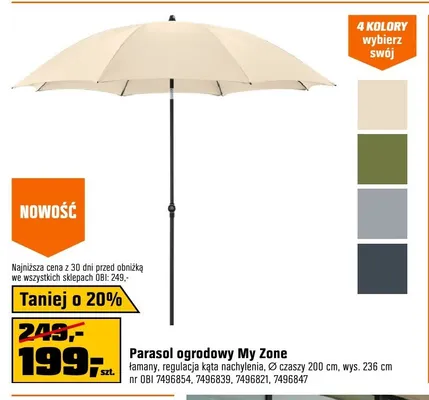 Parasol ogrodowy My Zone łamany regulacja kąta nachylenia Ø czaszy 200cm wys. 236cm promocja w OBI