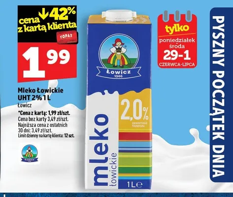 Mleko Łowickie UHT 2% promocja w TOPAZ