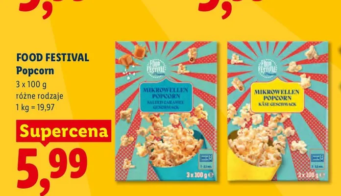Popcorn do mikrofalówki o smaku serowym Food Festival 3-pak promocja w Lidl